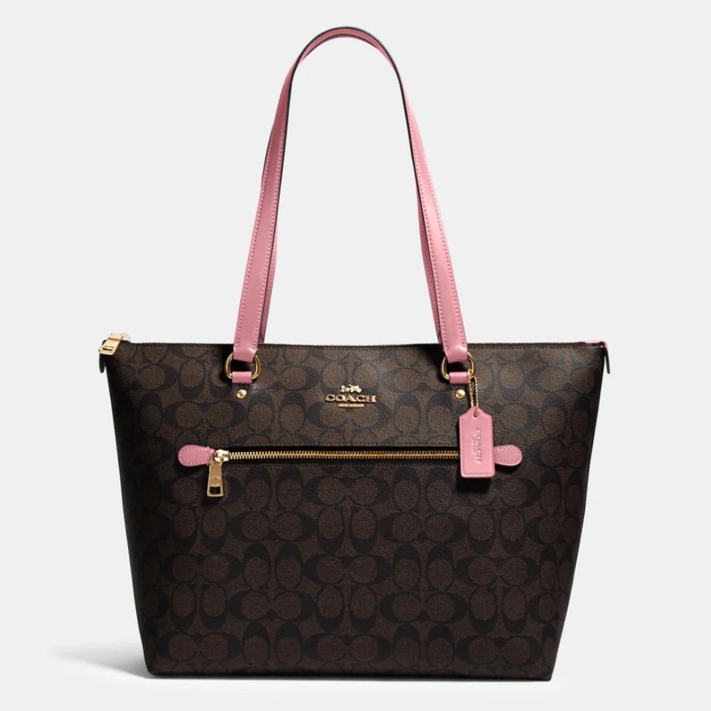 Coach Signature Gallery Tote Brown with Pink Handles - Picture 3 of 12